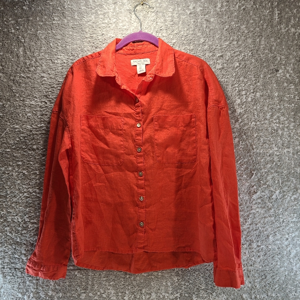 Rachel Zoe 100% Linen Red Button Up Pockets Shirt Long Sleeve Size Small Boxy